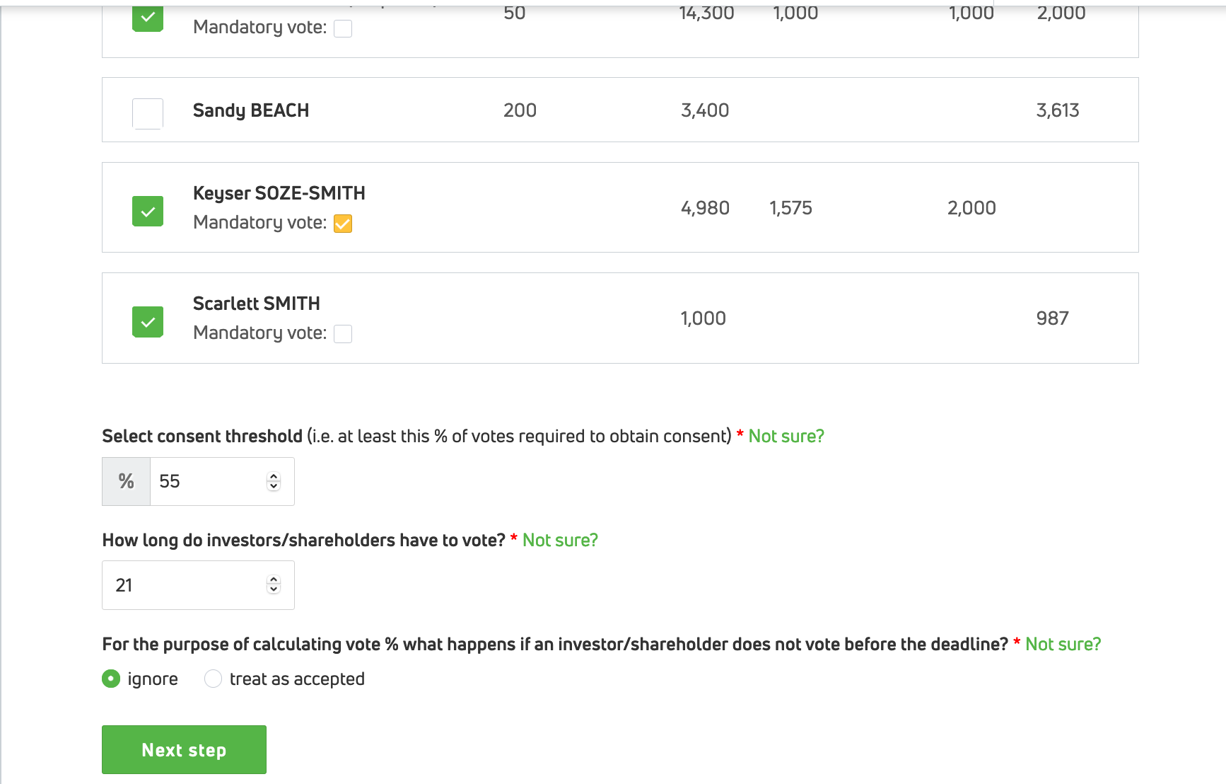 Screen shot of setting up custom investor consent process