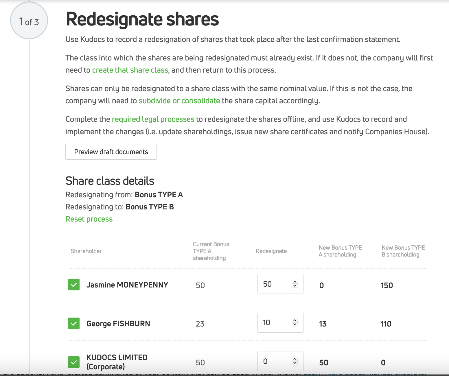 Screen shot of redesignation process page.